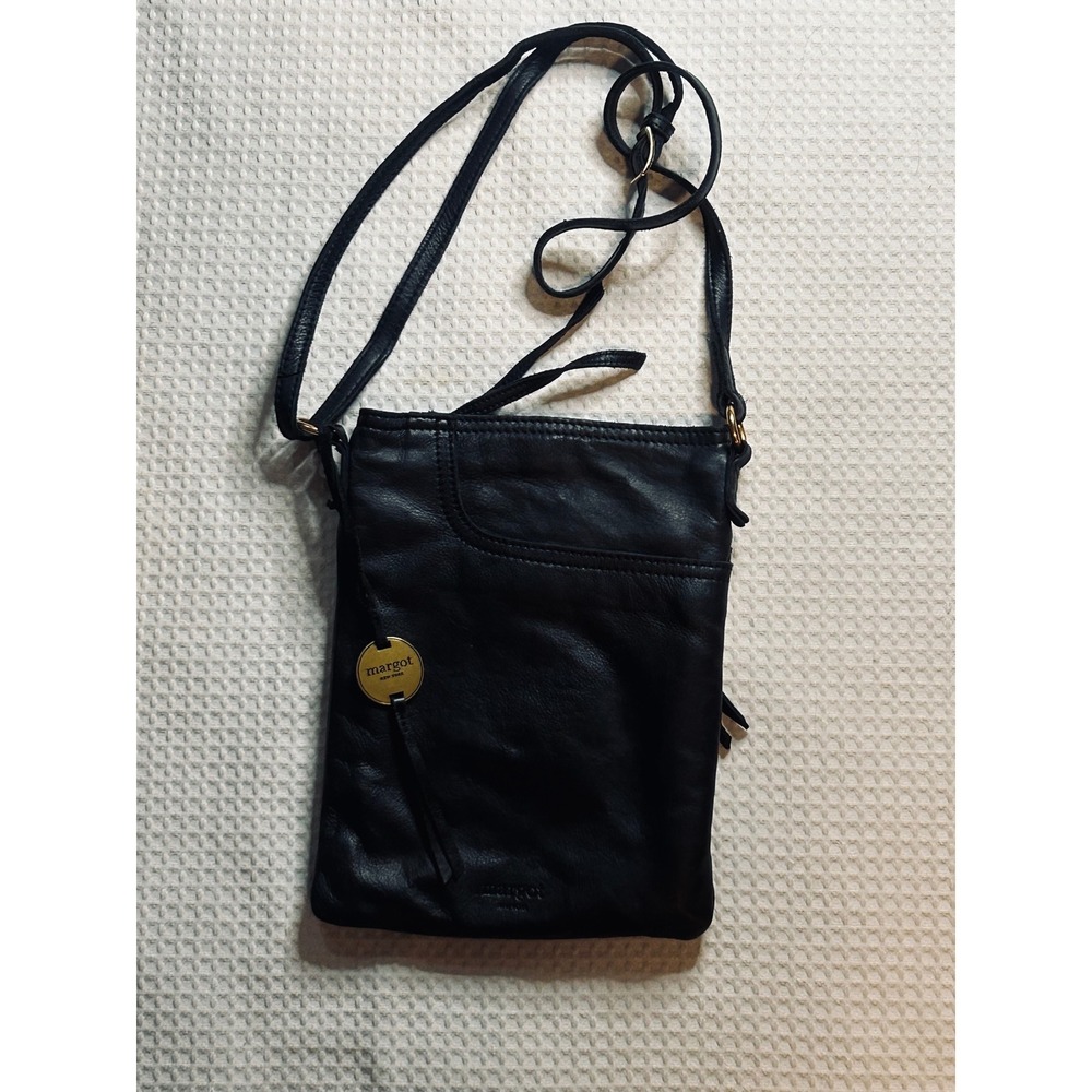 Margot New York Black Genuine Leather Crossbody Bag Gold Hardware Slim Messenger